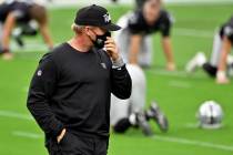 Las Vegas Raiders coach Jon Gruden on the field before an NFL football game between the Las Veg ...
