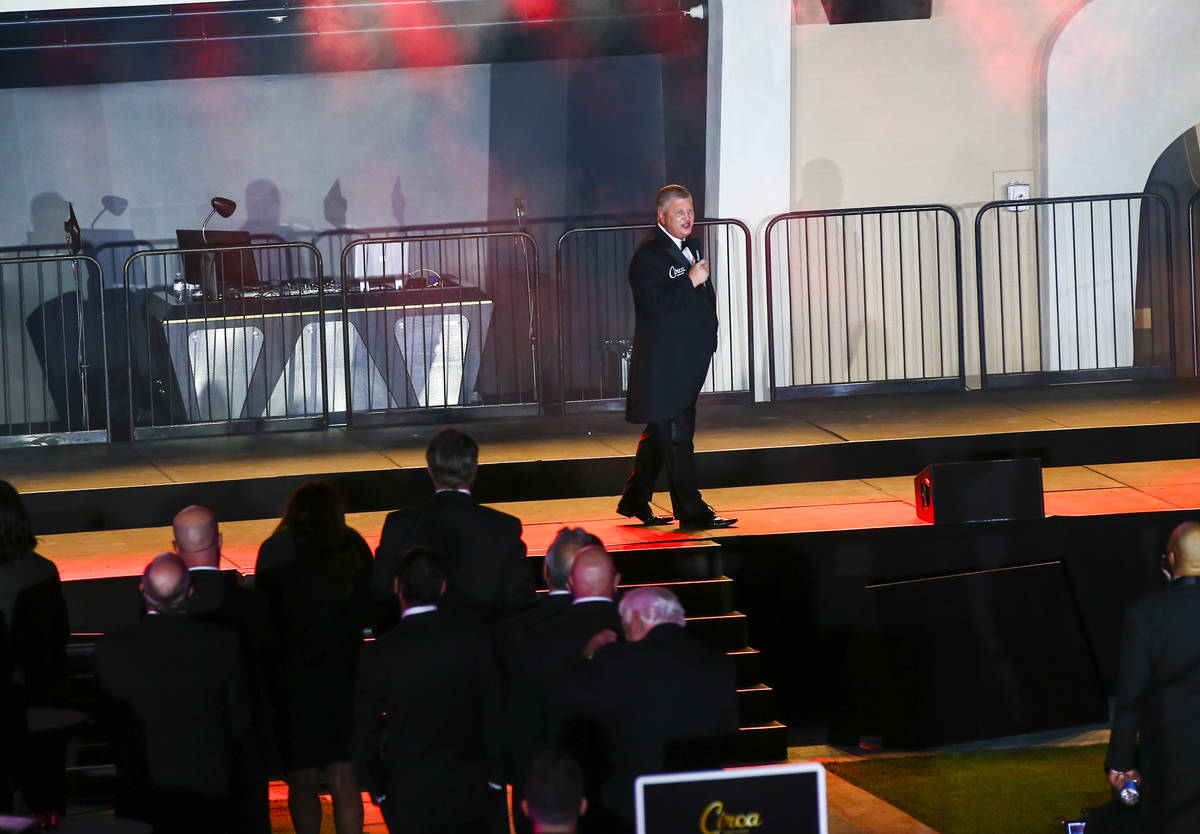 Circa owner Derek Stevens speaks at Stadium Swim during the VIP black-tie grand opening event i ...