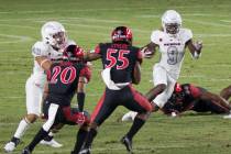 UNLV’s Tyleek Collins runs the ball back on a kickoff return during Saturday's Mountain ...