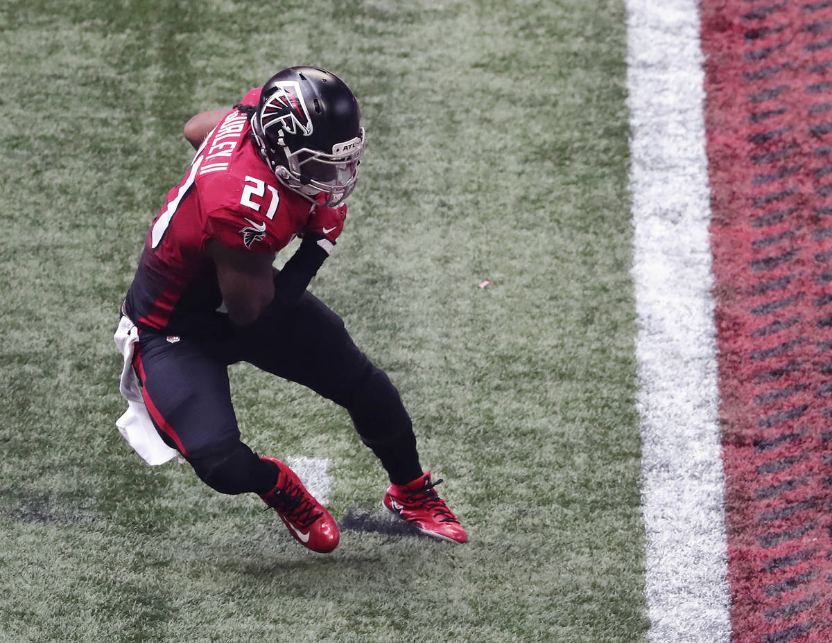 Atlanta Falcons' Todd Gurley tries to stop short of the end zone during the fourth quarter of a ...