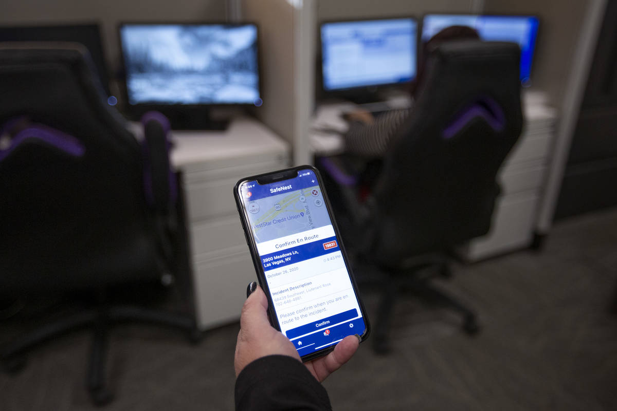 Brandi Carman, SafeNest director of dispatch, demonstrates their new dispatch technology on Mon ...