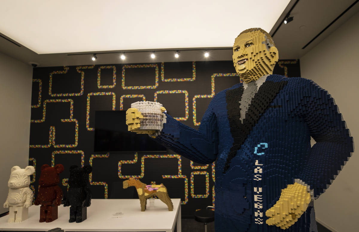 A life-sized Lego sculpture of casino executive Derek Stevens at Circa on Monday, Oct. 19, 2020 ...