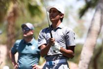 Bishop Gorman High's Aarjav Patel hits his tee drive during the 2018 NIAA 4A State boys golf to ...