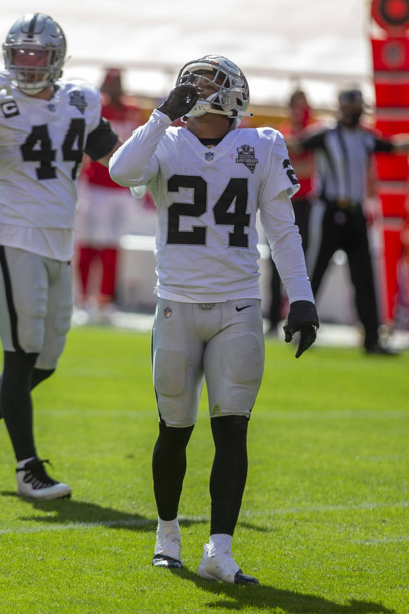 Las Vegas Raiders strong safety Johnathan Abram (24) gestures to hush the crowd during the 2nd ...