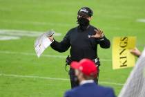 Las Vegas Raiders head coach Jon Gruden gestures on the sideline during the 4th quarter of an N ...