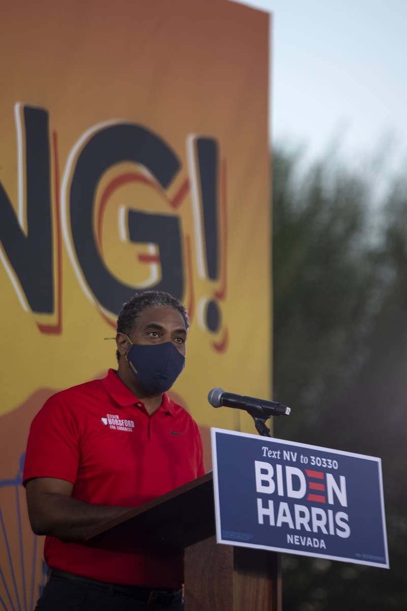 Rep. Steven Horsford, D-Nev., speaks ahead of vice presidential candidate Sen. Kamala Harris du ...