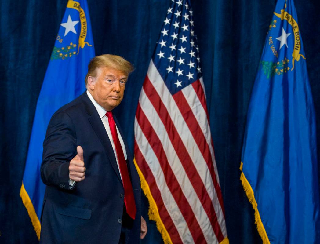 President Donald Trump departs following a press conference with Nevada business leaders large ...