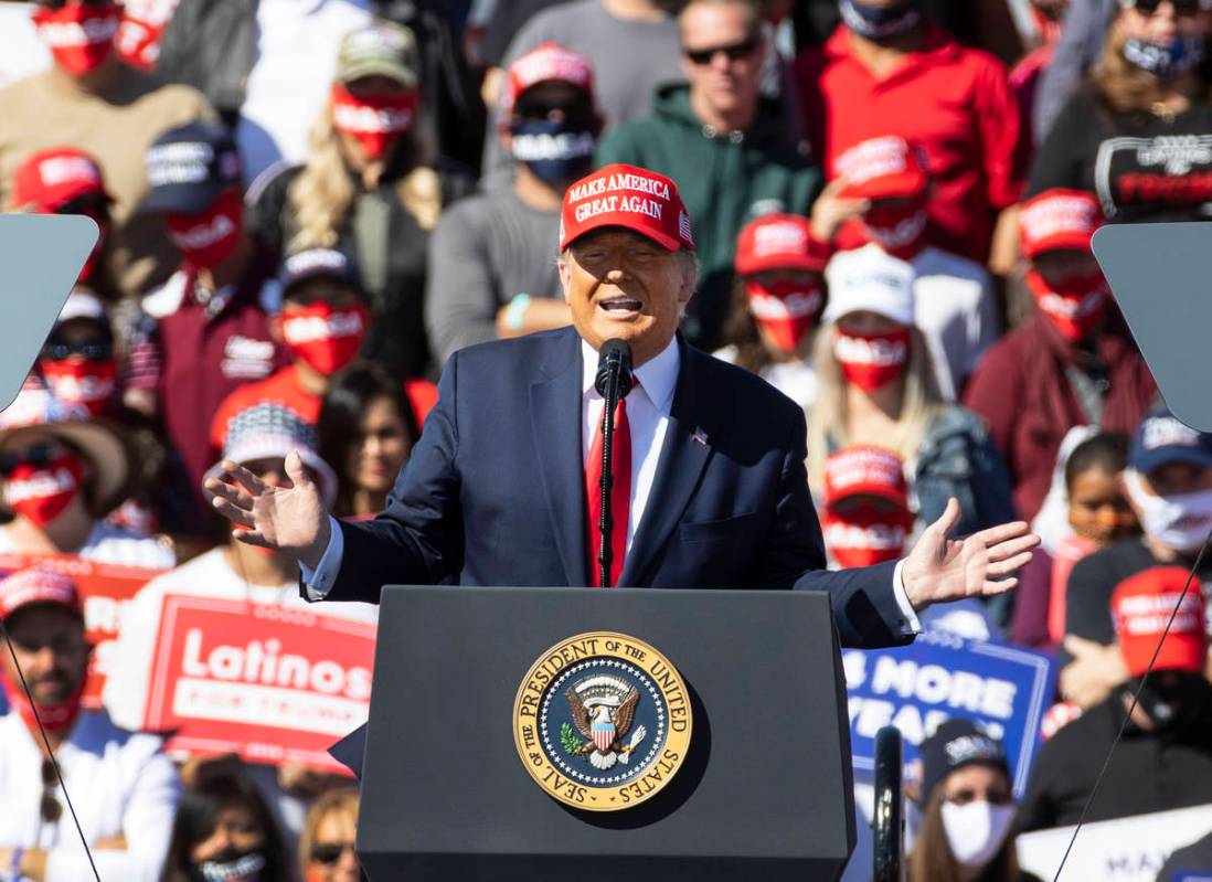President Donald Trump speaks during Make America Great Again victory rally at Laughlin/Bullhea ...