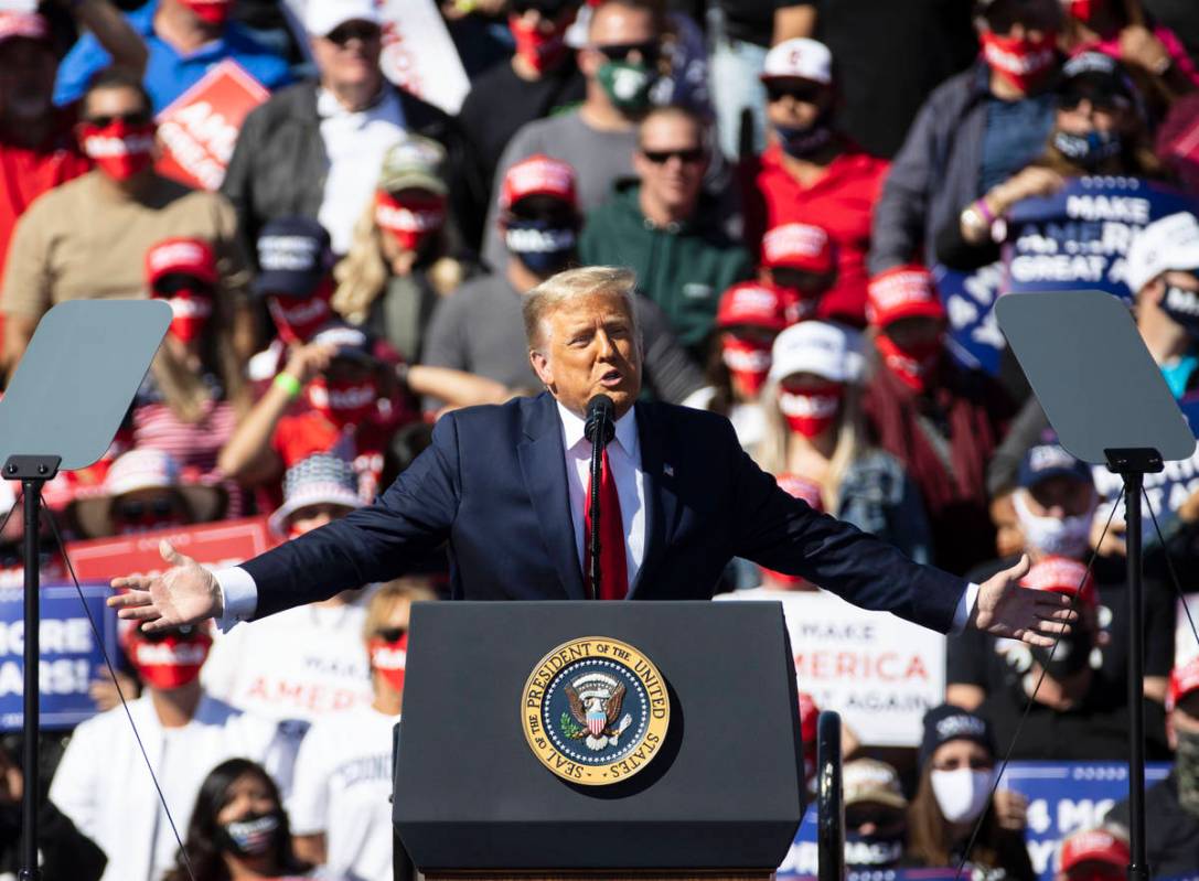 President Donald Trump speaks during Make America Great Again victory rally at Laughlin/Bullhea ...