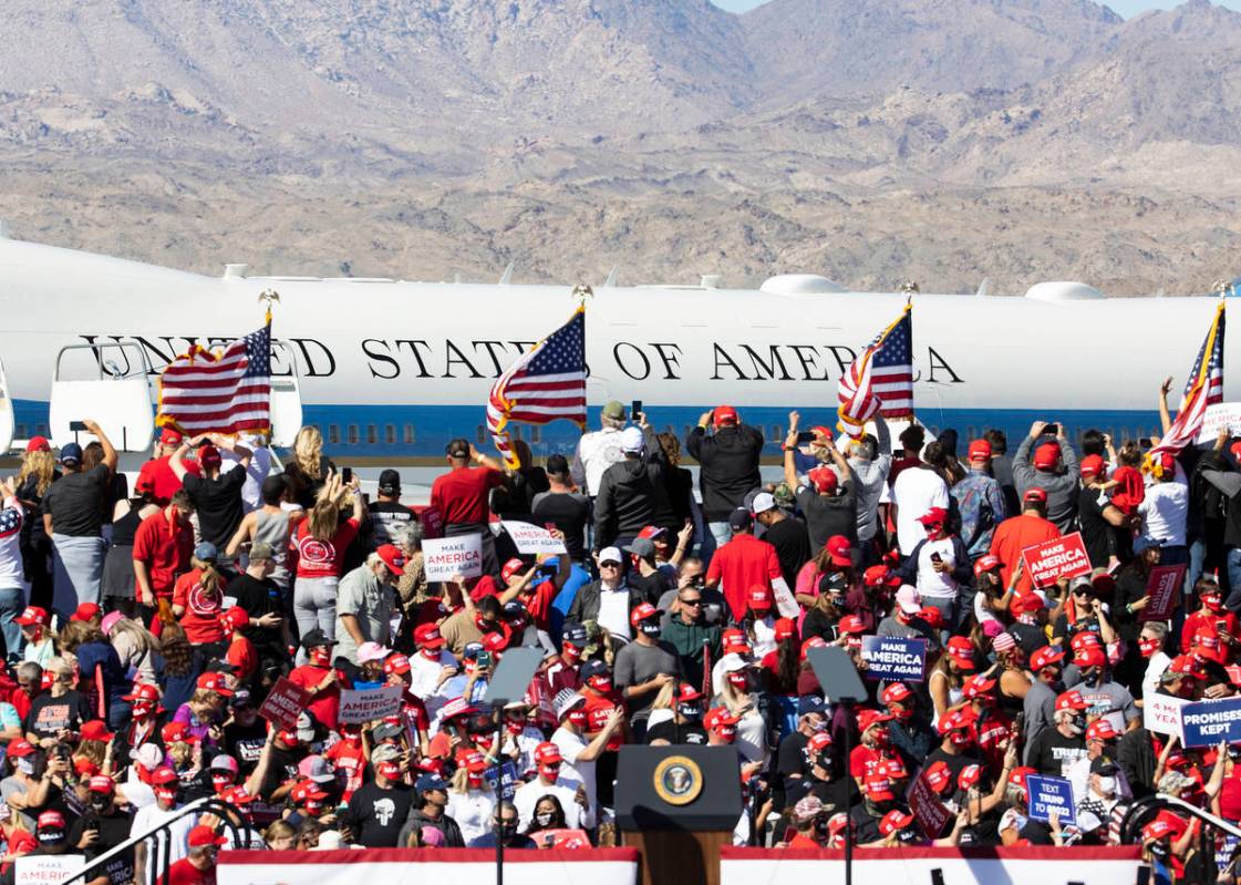 President Donald Trump arrives on Air Force One at Laughlin/Bullhead International Airport to a ...
