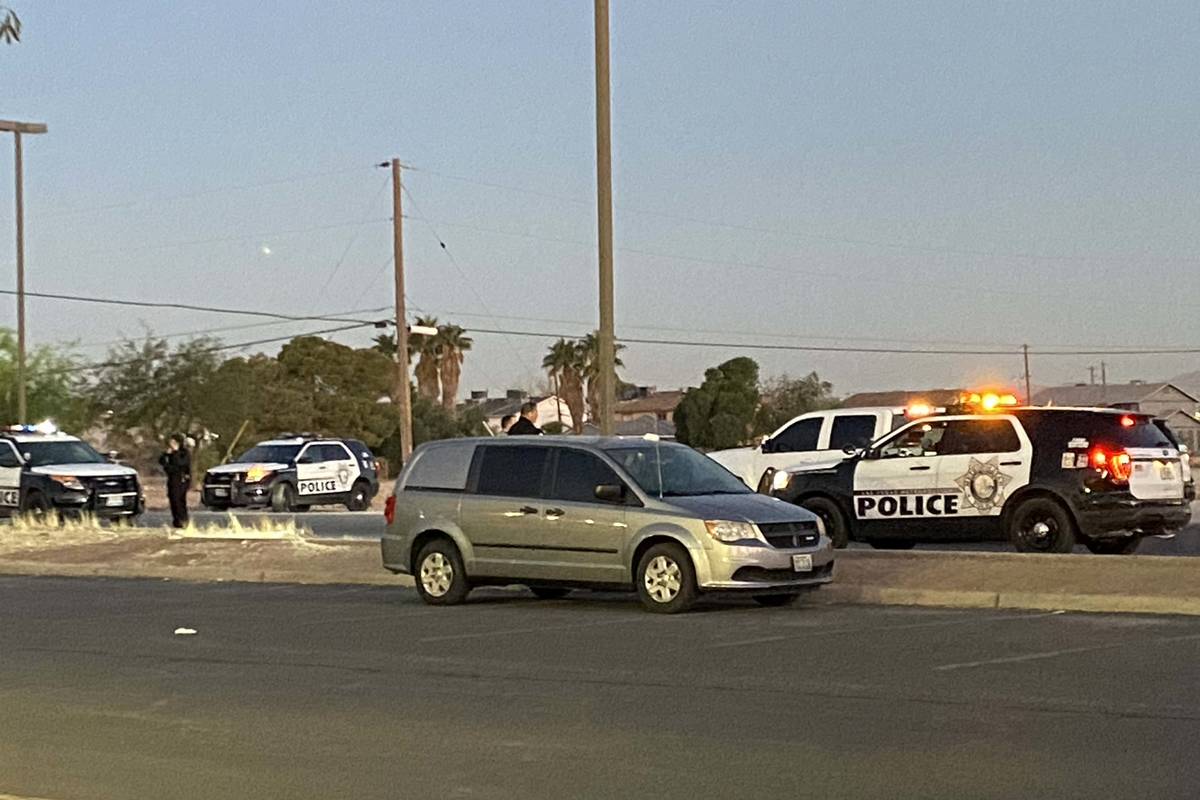 Las Vegas police investigate a homicide on the 2000 block of North Nellis Boulevard near Lake M ...