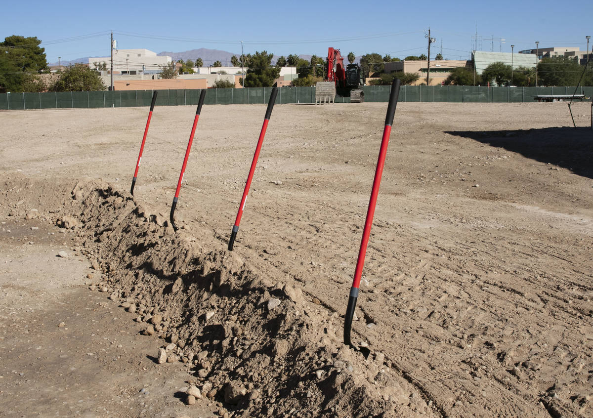 Heavy equipment and shovels are seen at a construction site of the future UNLV School of Medici ...