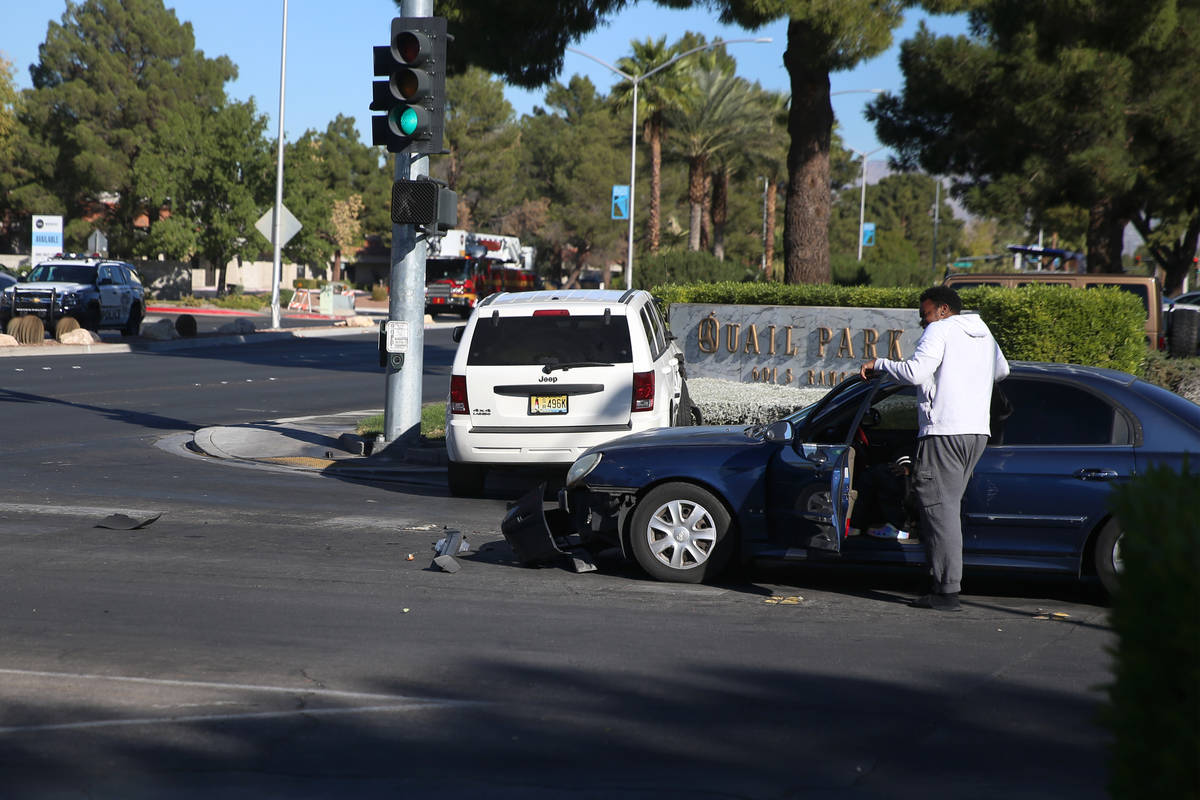 The scene of a car crash involving two Las Vegas City Marshals motorcycles at the intersection ...