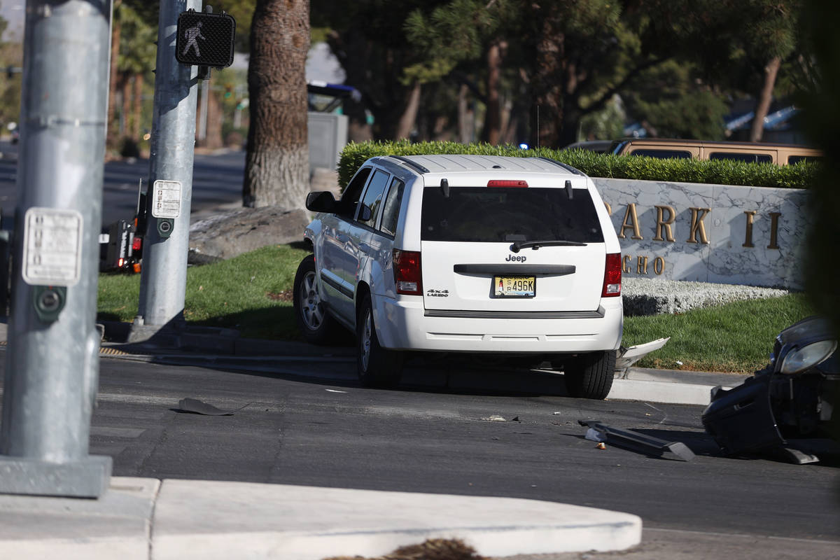 The scene of a car crash involving two Las Vegas City Marshals motorcycles at the intersection ...