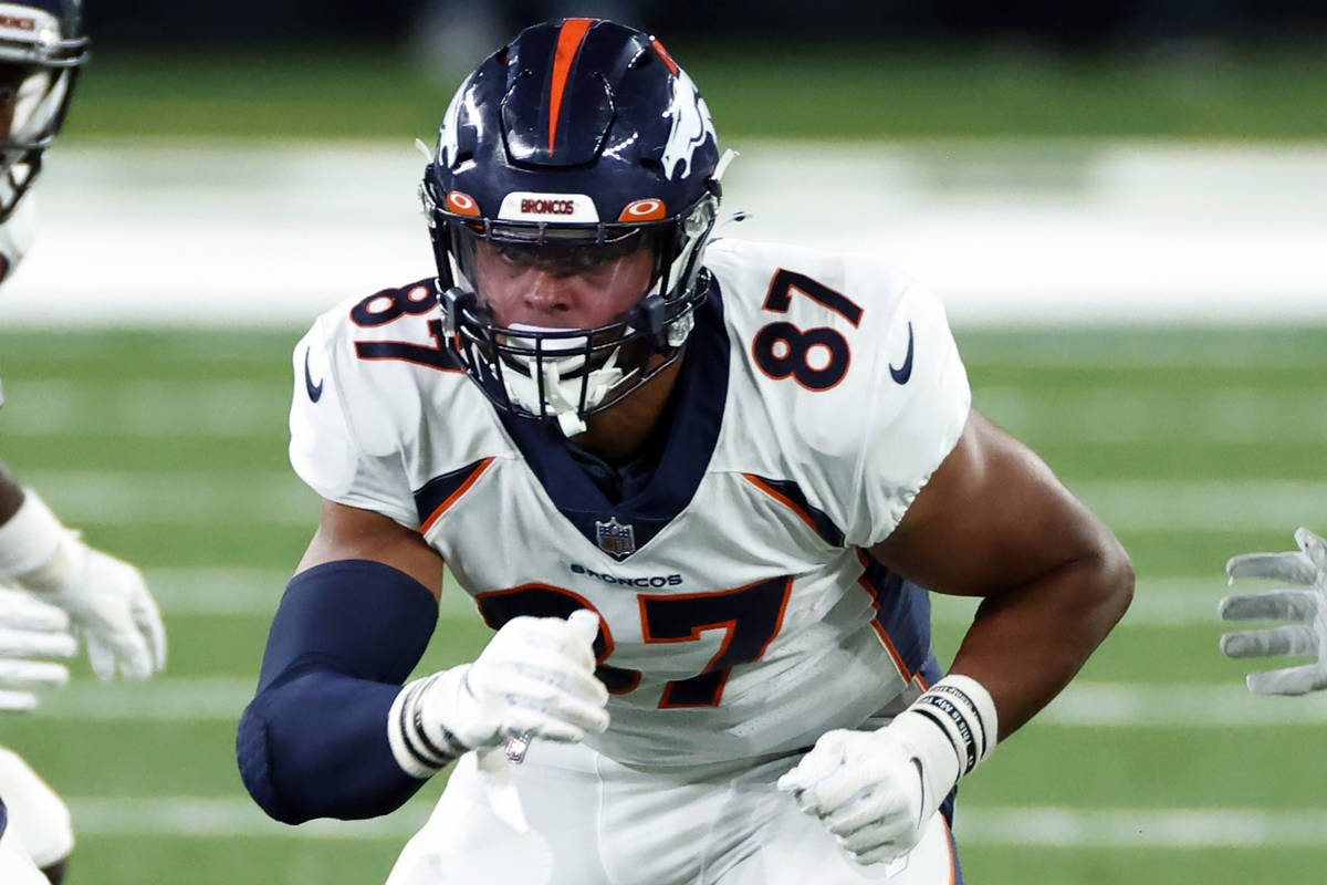 Denver Broncos tight end Noah Fant (87) against the New York Jets during an  NFL football game, …