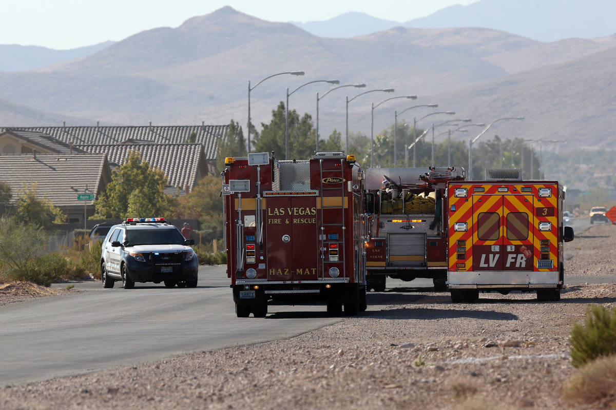 The scene of an airplane crash near the intersection of Pebble Road and South Valley View Boule ...