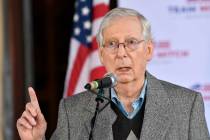 Senate Majority Leader Mitch McConnell, R-Ky., speaks to a gathering of supporters in Lawrenceb ...