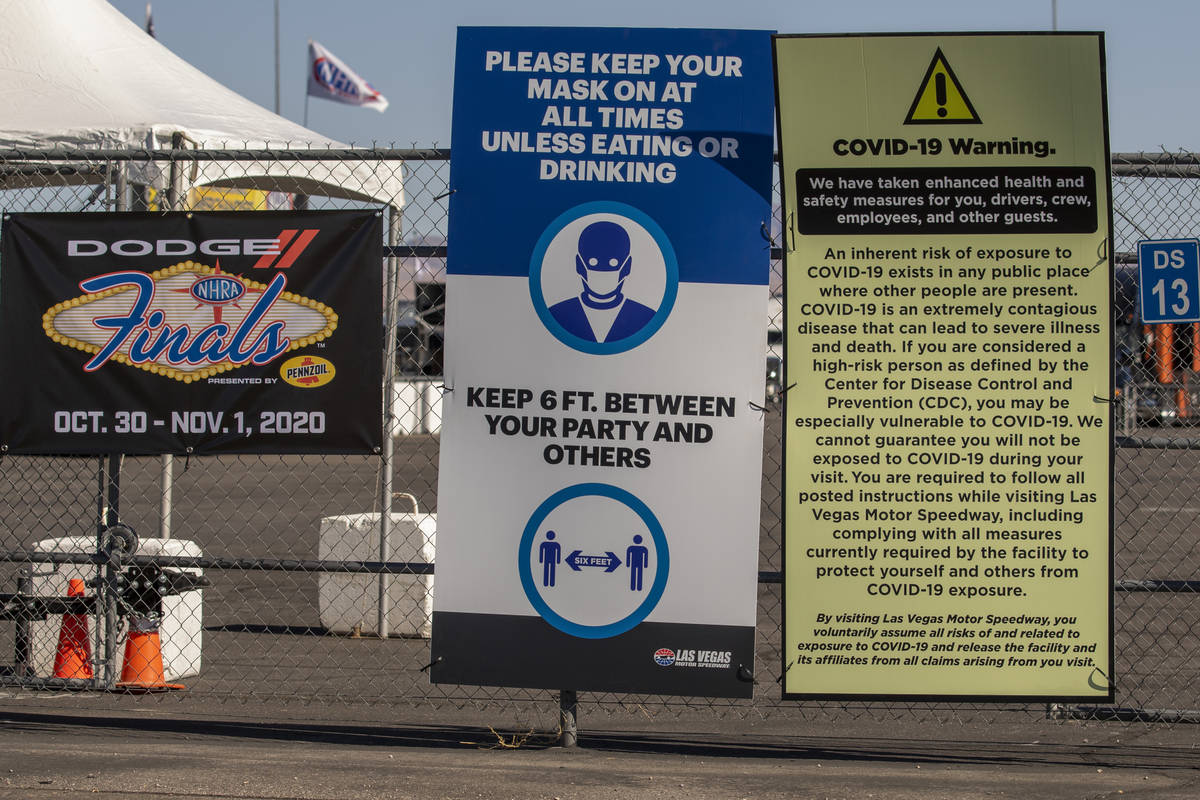 COVID-19 signage is in place as the Las Vegas Motor Speedway hosts a safety protocol walk-thru ...