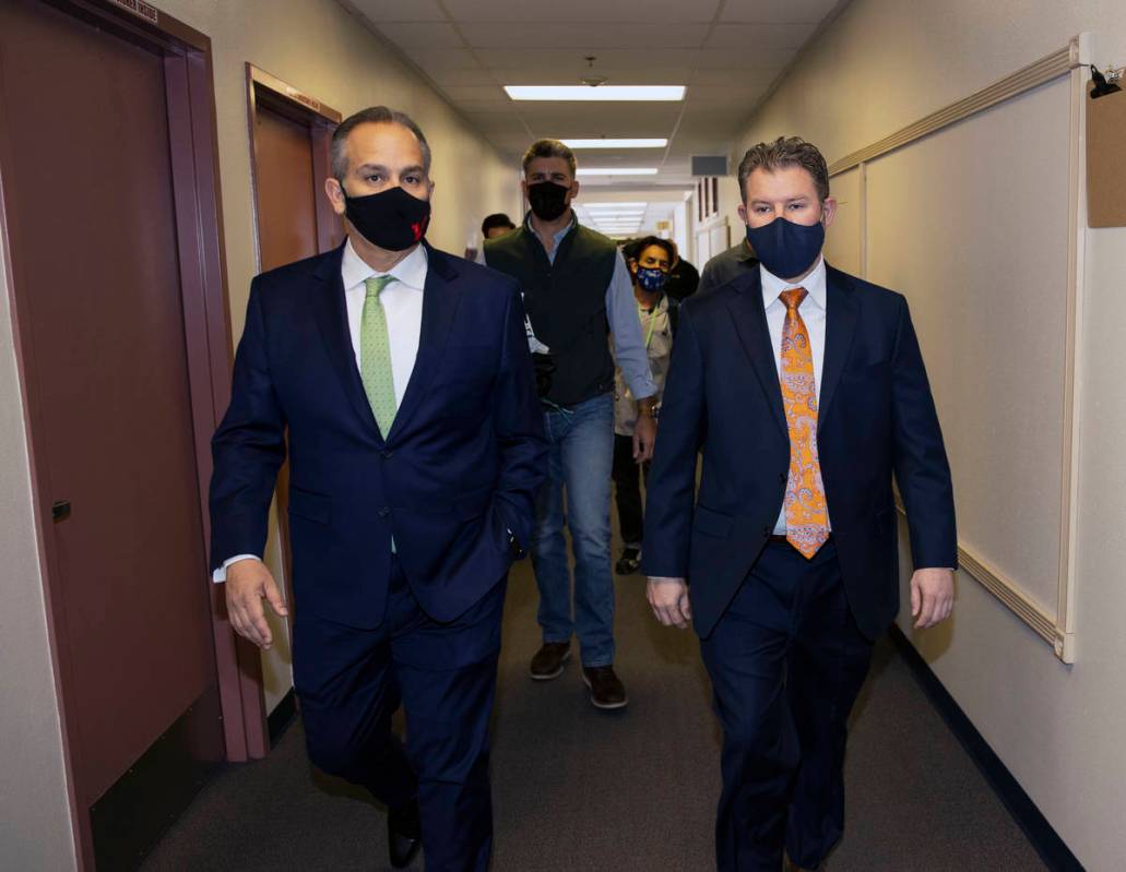 Clark County School District Superintendent, Jesus Jara, left, and Jeff Wagner, chief of facili ...