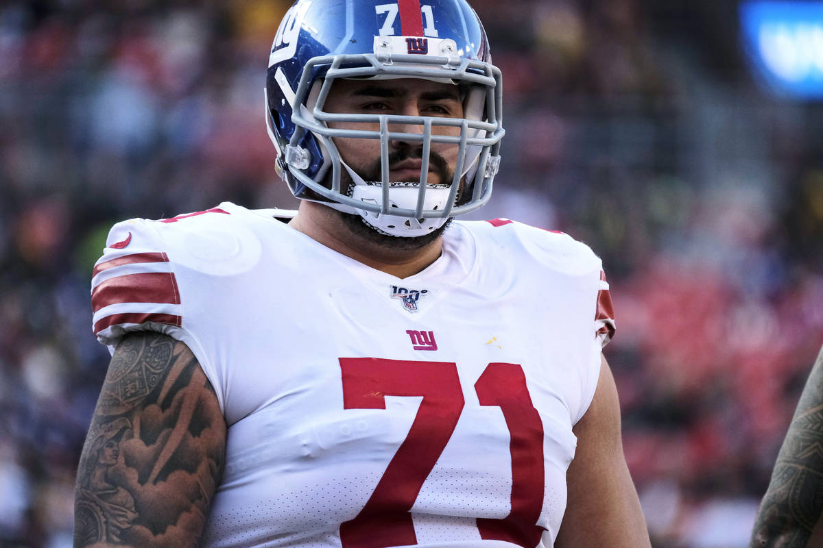 In this Dec. 22, 2019, file photo, New York Giants offensive guard Will Hernandez stands on the ...