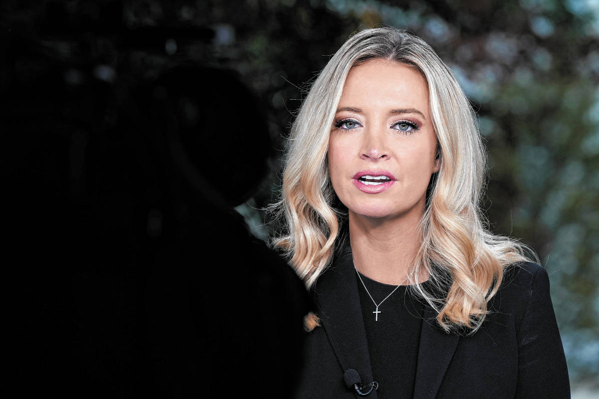White House press secretary Kayleigh McEnany, is interviewed by Fox News, Sunday, Oct. 4, 2020, ...