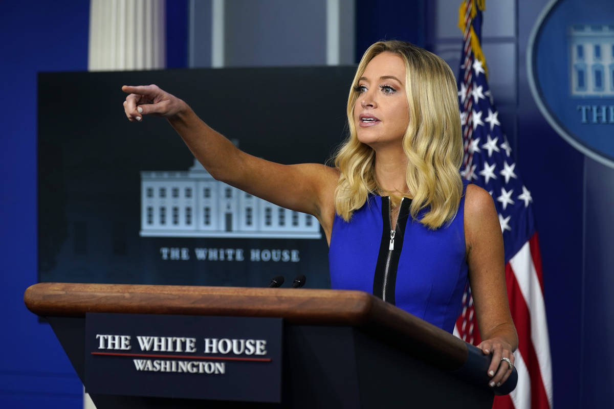 White House press secretary Kayleigh McEnany speaks during a press briefing at the White House, ...