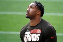 Cleveland Browns defensive end Myles Garrett (95) walks on the field prior to the start of an N ...