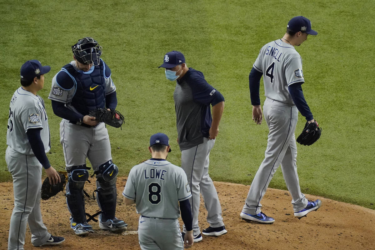 Tampa Bay Rays starting pitcher Blake Snell leaves the game against the Los Angeles Dodgers dur ...