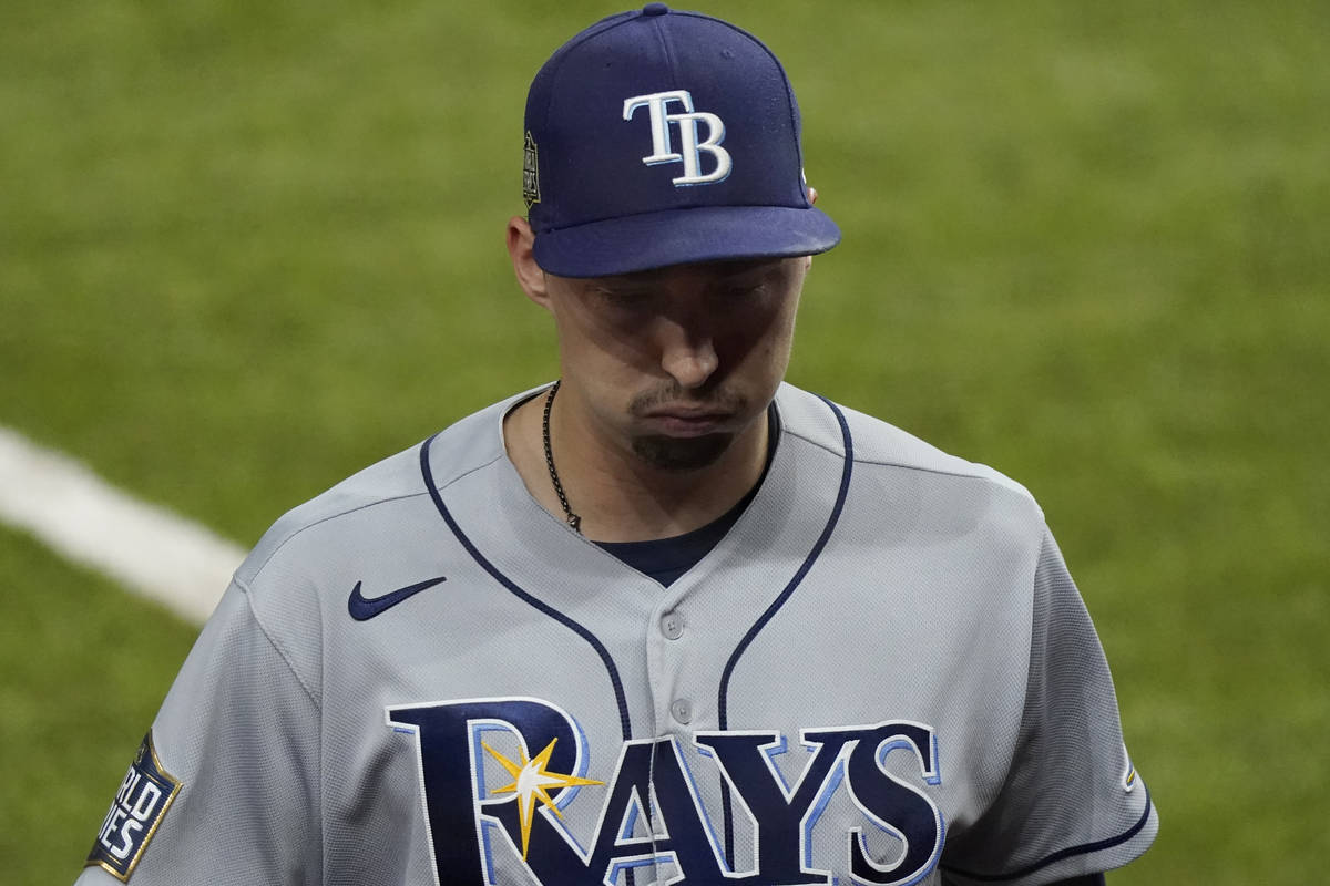 Tampa Bay Rays starting pitcher Blake Snell leaves the game against the Los Angeles Dodgers dur ...