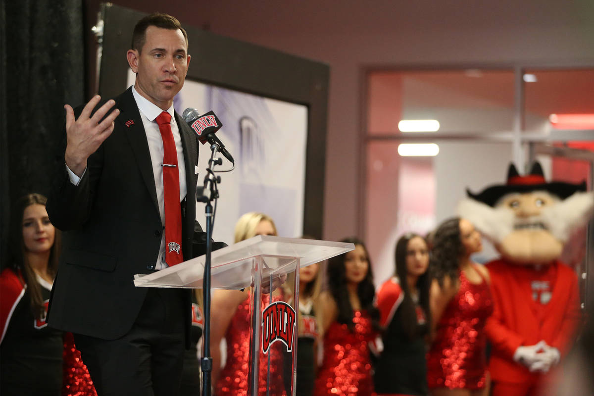 UNLV’s new football head coach Marcus Arroyo speaks during a press