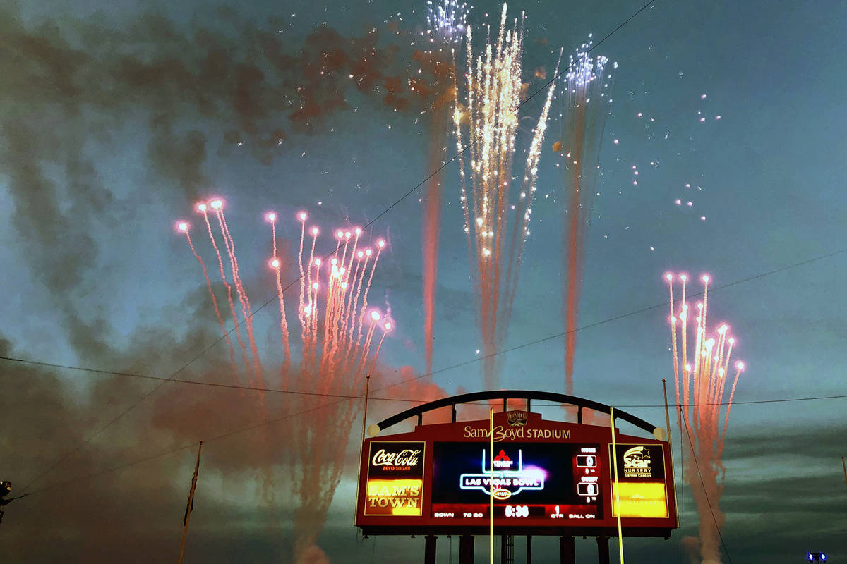 Fireworks welcome all to the Las Vegas Bowl football game with the Washington Huskies versus Bo ...