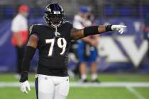 Baltimore Ravens offensive tackle Ronnie Stanley (79) points during the first half of an NFL fo ...