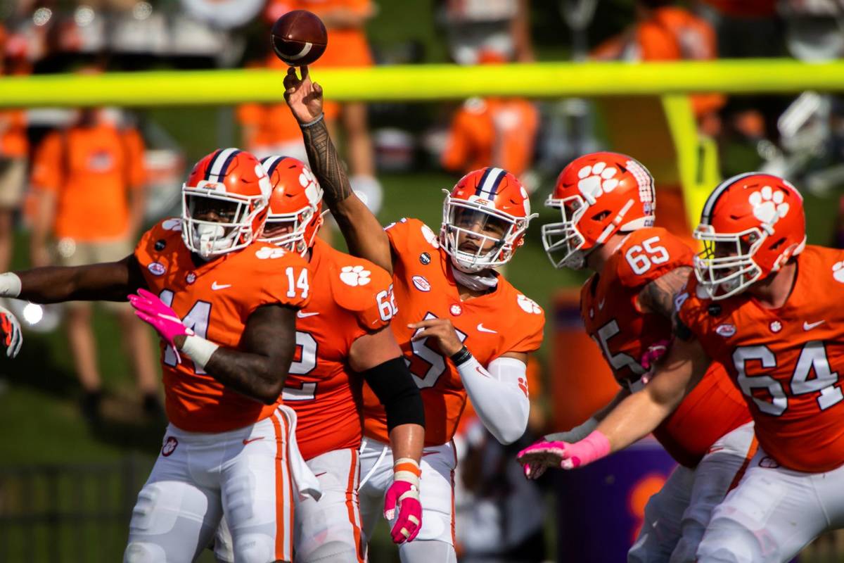 Clemson quarterback D.J. Uiagalelei (5) makes a pass during an NCAA college football game again ...
