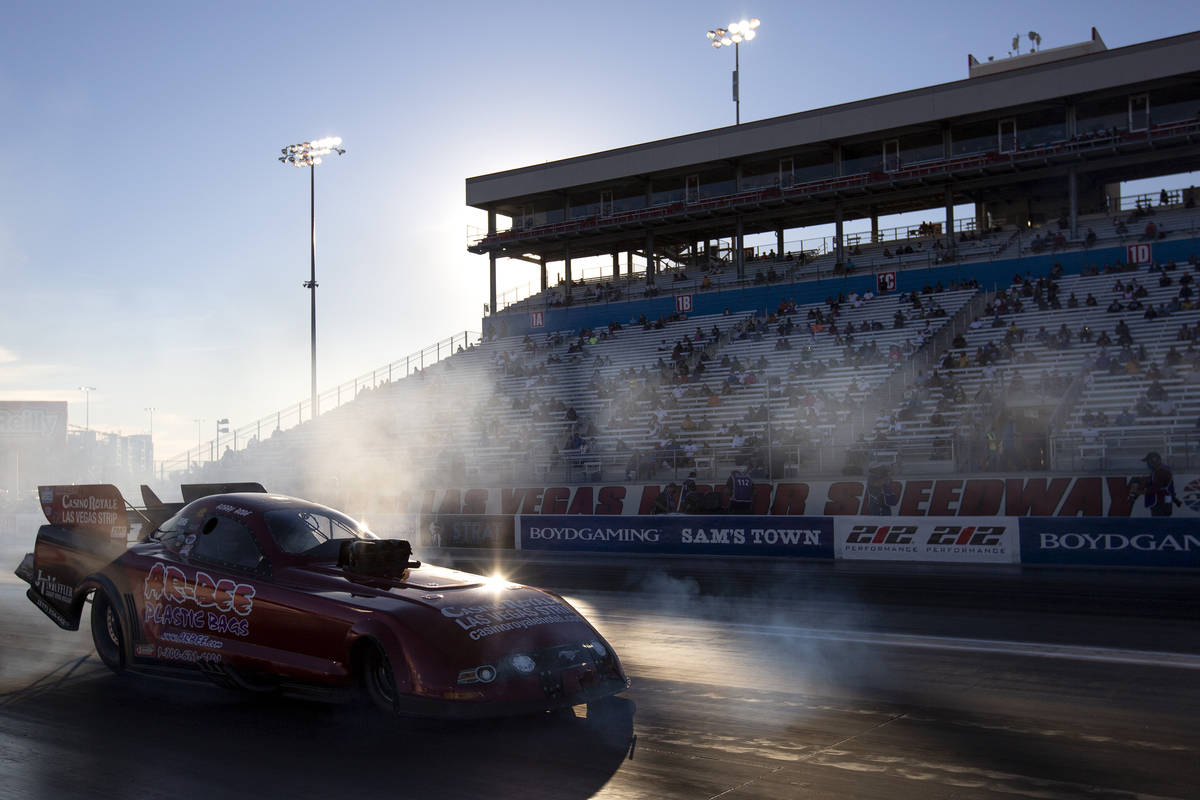 Funny Car driver Bob Bode races during the Dodge NHRA Finals at Las Vegas Motor Speedway Drag S ...