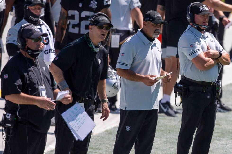 Las Vegas Raiders coaches from left, defensive coordinator Paul Guenther, defensive line coach ...