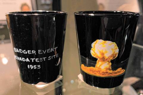 Shot glasses that recall Nevada's nuclear history. (National Atomic Testing Museum)