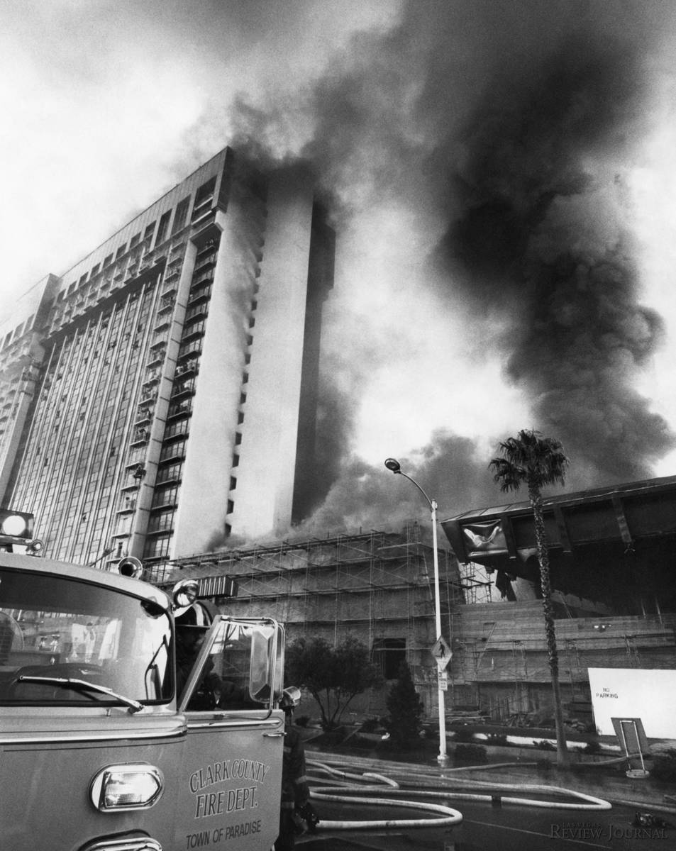 In this Nov. 21, 1980, file photo, fire rages through the MGM Grand hotel in Las Vegas. (Las Ve ...
