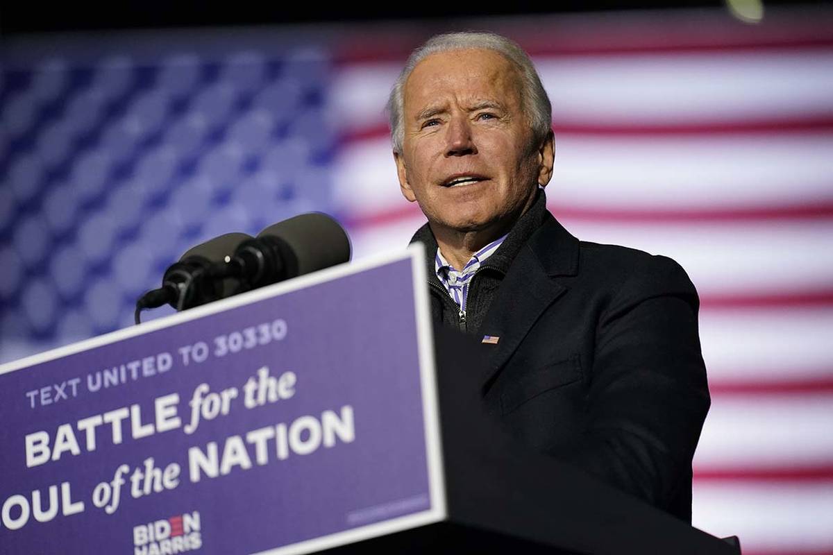 Democratic presidential candidate former Vice President Joe Biden speaks during a drive-in rall ...