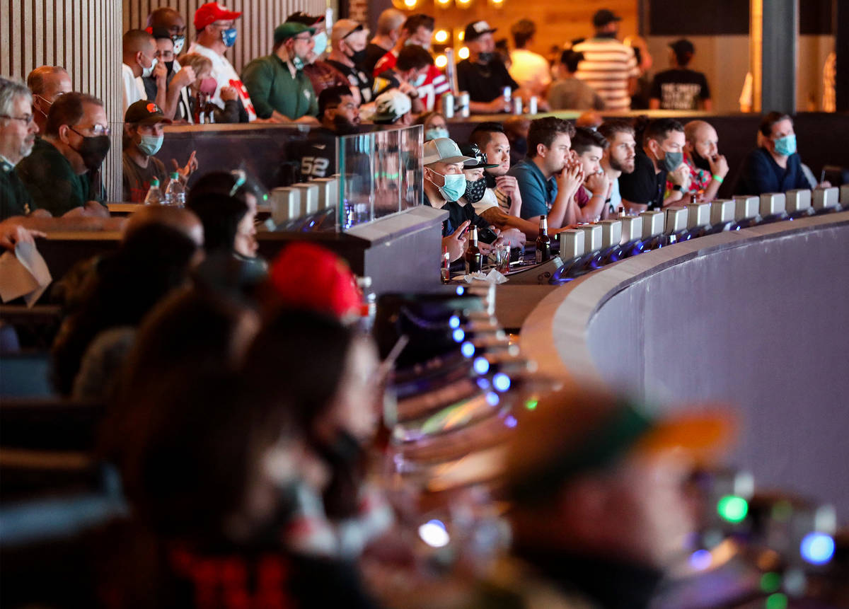 Spectators watch NFL Sunday at the new sportsbook at Circa in Las Vegas, Sunday, Nov. 1, 2020. ...