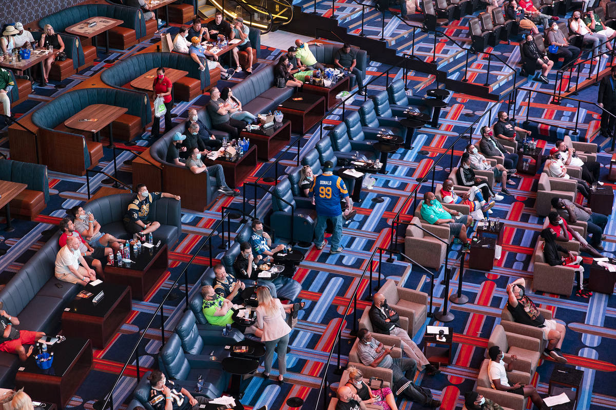 Spectators watch NFL Sunday at the new sportsbook at Circa in Las Vegas, Sunday, Nov. 1, 2020. ...