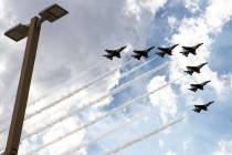 The Thunderbirds fly over Las Vegas on Monday, on Monday, Nov. 2, 2020, in Las Vegas. On Sunday ...