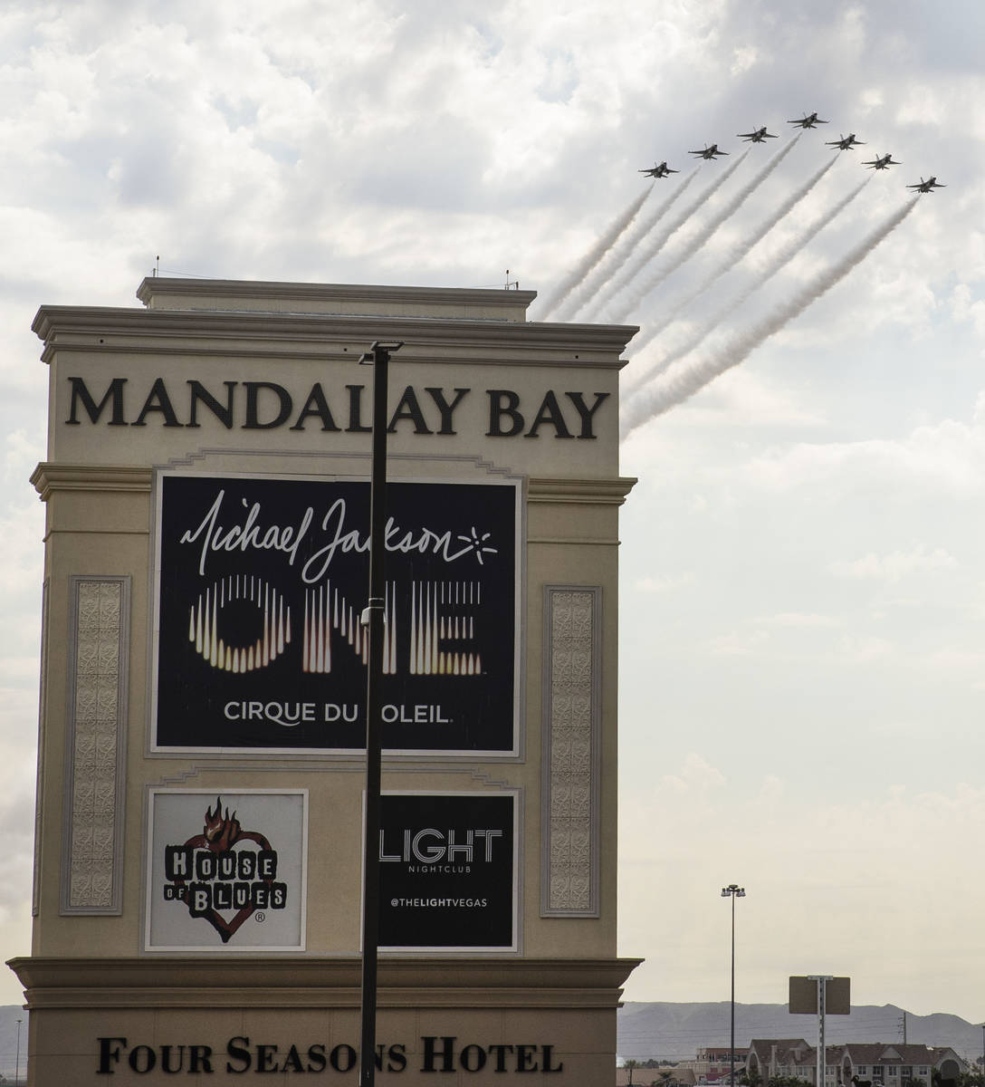 The Thunderbirds fly over the Mandalay Bay on Monday, on Monday, Nov. 2, 2020, in Las Vegas. On ...