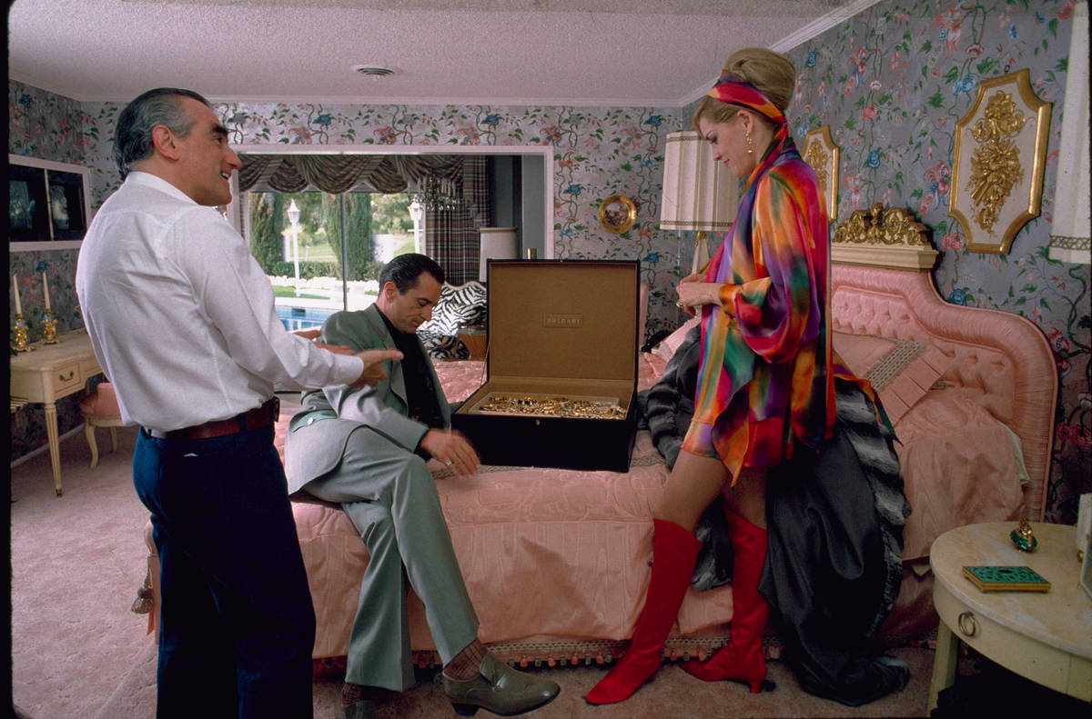 Director Martin Scorsese confers with Robert De Niro and Sharon Stone while filming "Casino" in ...