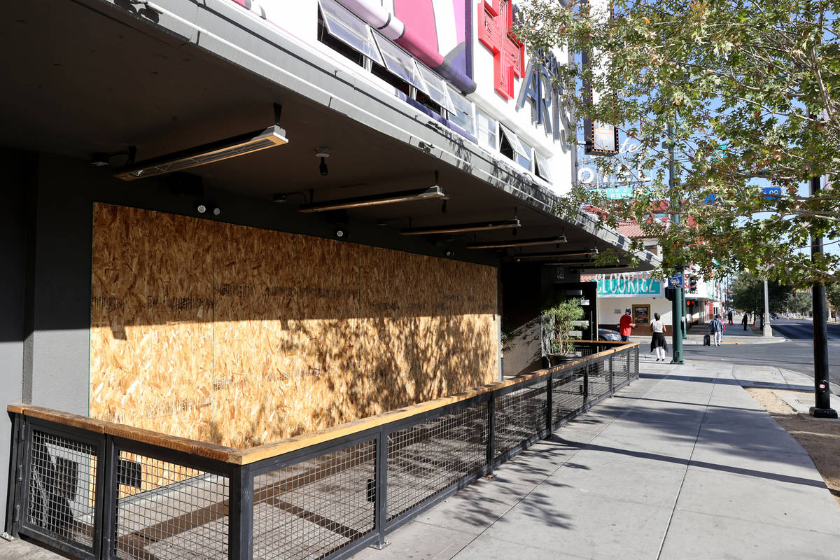 The Eureka! restaurant on East Fremont Street in downtown Las Vegas is boarded up on Election D ...