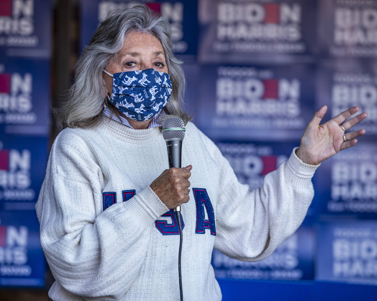 Rep. Dina Titus speaks to the crowd gathered during an event at the Biden Voter Activation Cent ...