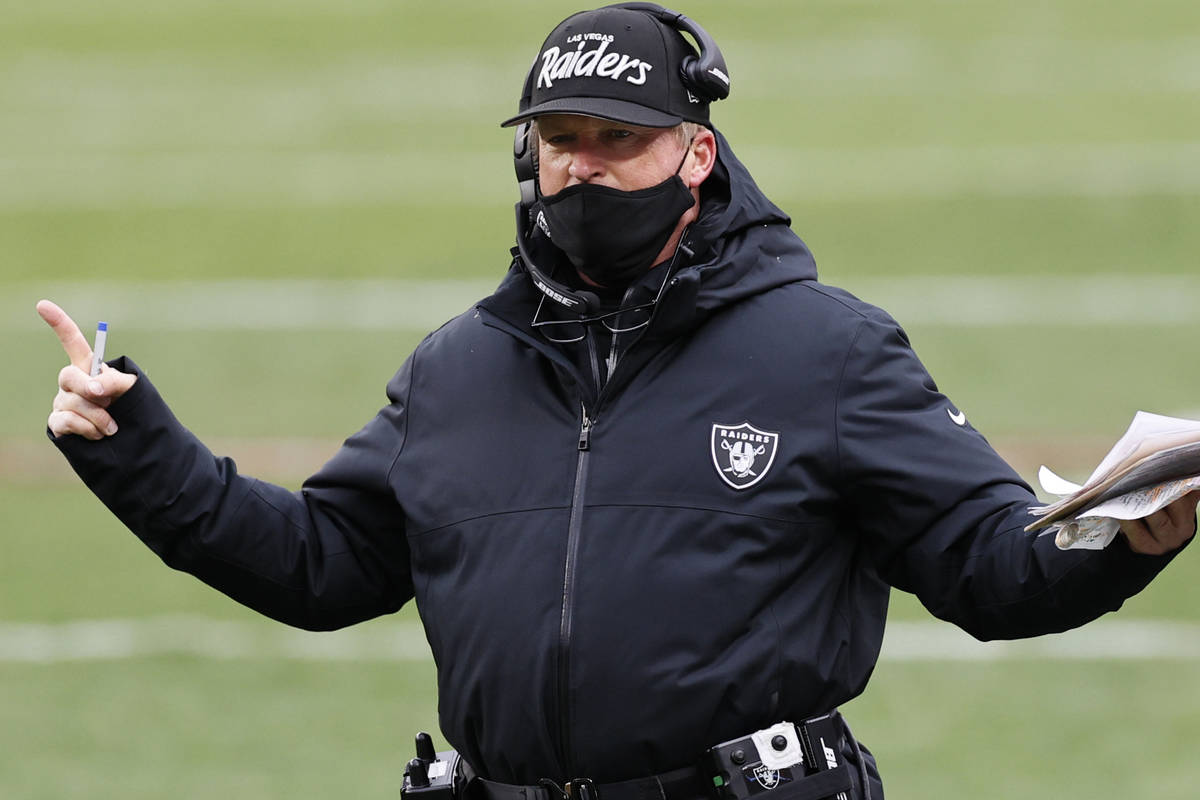 Las Vegas Raiders head coach Jon Gruden reacts during the second half of an NFL football game a ...