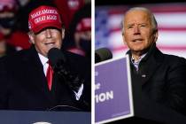 President Donald Trump, left, speaks at a campaign event at the Kenosha Regional Airport in Ken ...