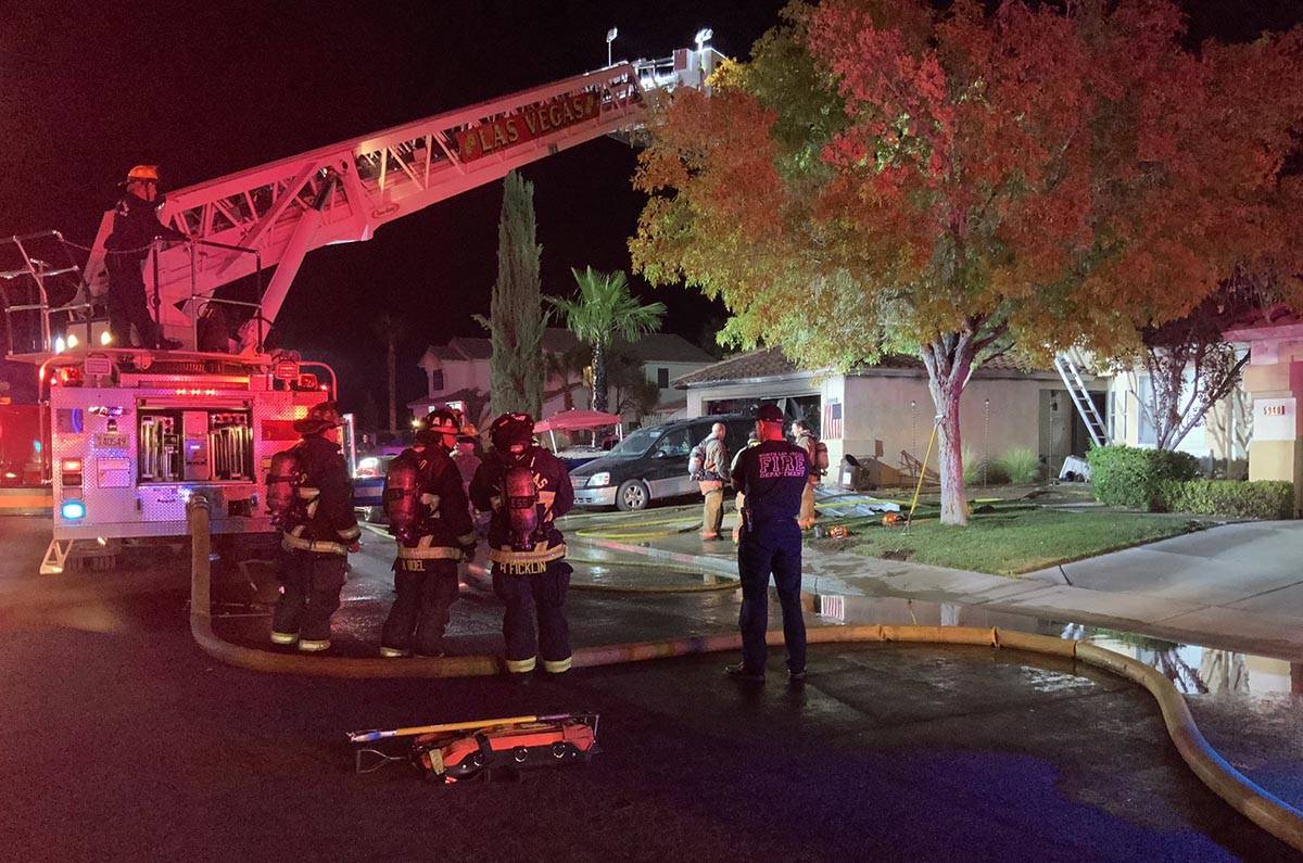 A northwest Las Vegas house sustained heavy damage about 1:20 a.m.Tuesday, Nov. 3, 2020. A woma ...