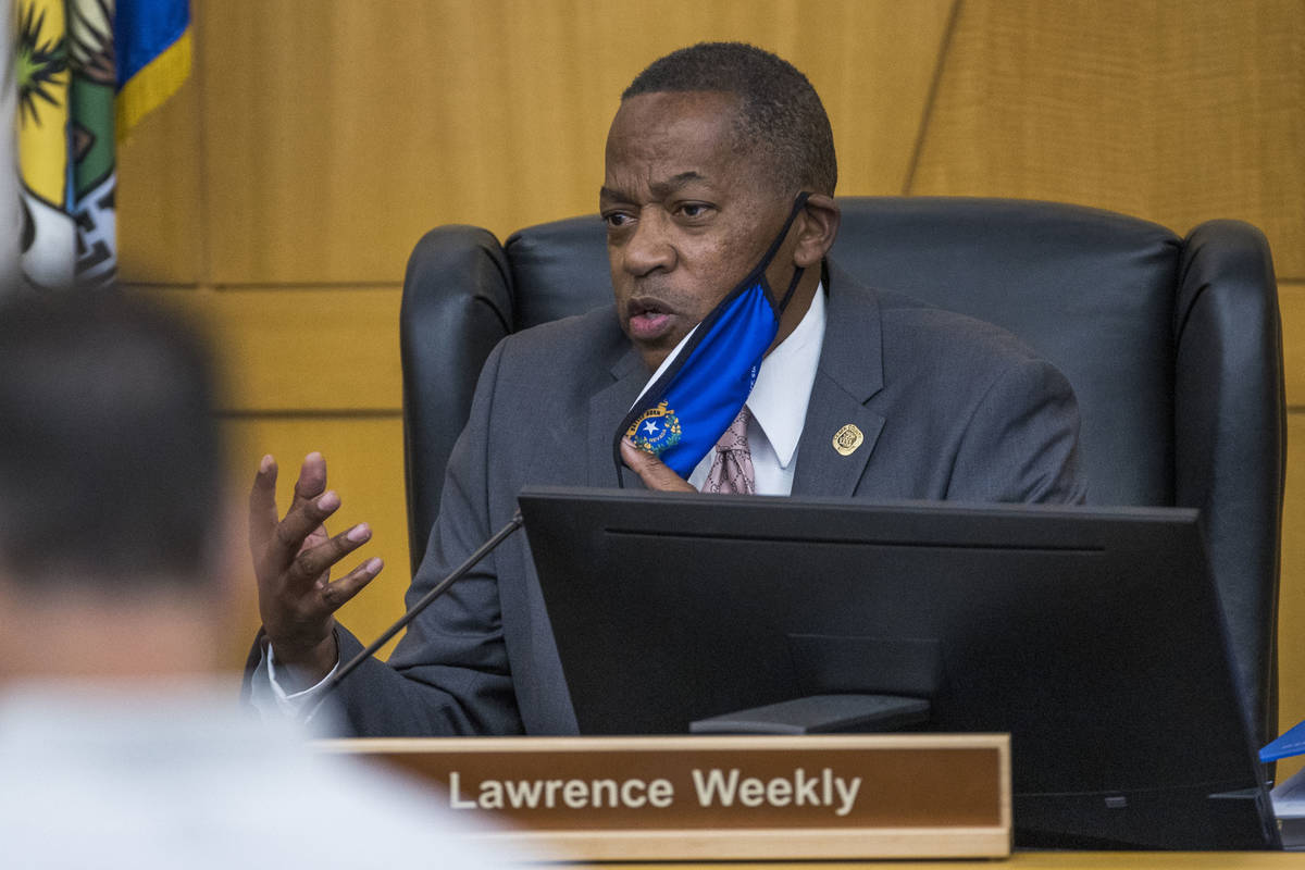 Commissioner Lawrence Weekly speaks as vice chairman during a Clark County Board of Commissione ...