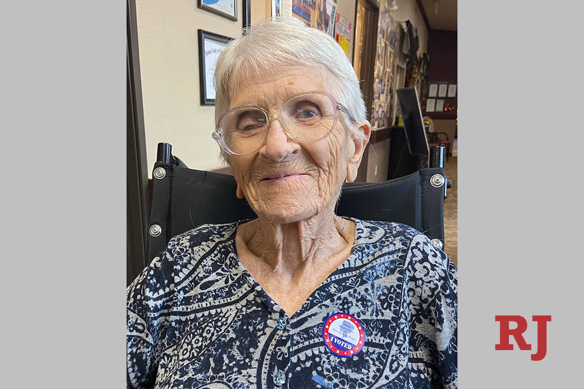 Margaret Sanna, grandmother of RJ columnist John Katsilometes, shows her "I Voted" sticker in B ...
